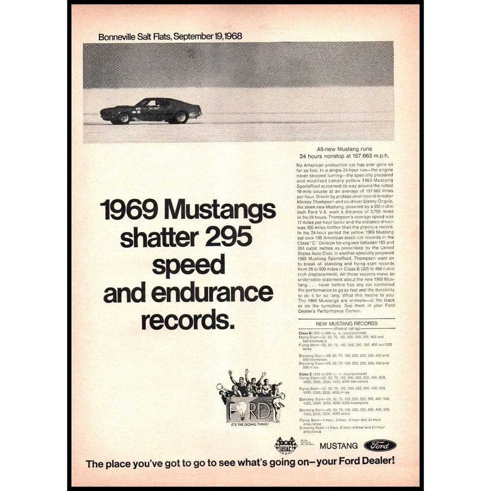 1969 Ford Mustang Endurance Test Bonneville Salt Flats Vintage Print Ad Wall Art